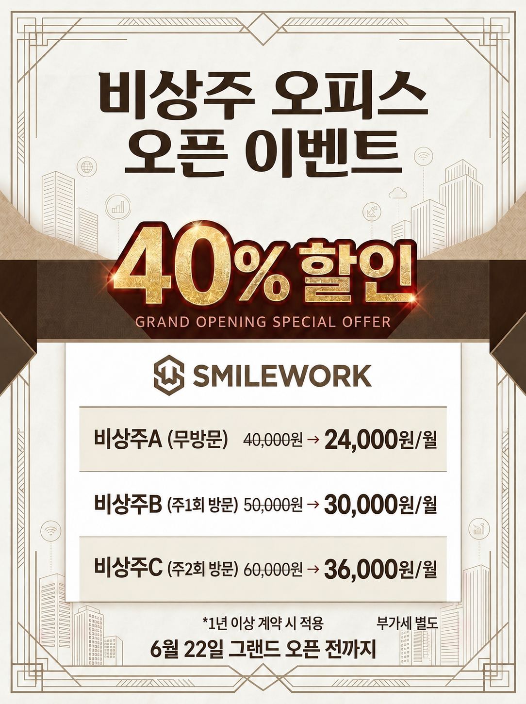 비상주 오피스 오픈 이벤트 40% 할인. 비상주 A 무방문 40,000원에서 24,000원, 비상주 B 주1회 방문 50,000원에서 30,000원, 비상주 C 주2회 방문 60,000원에서 36,000원. 1년 이상 계약 시 적용, 부가세 별도, 6월 22일 그랜드 오픈 전까지.